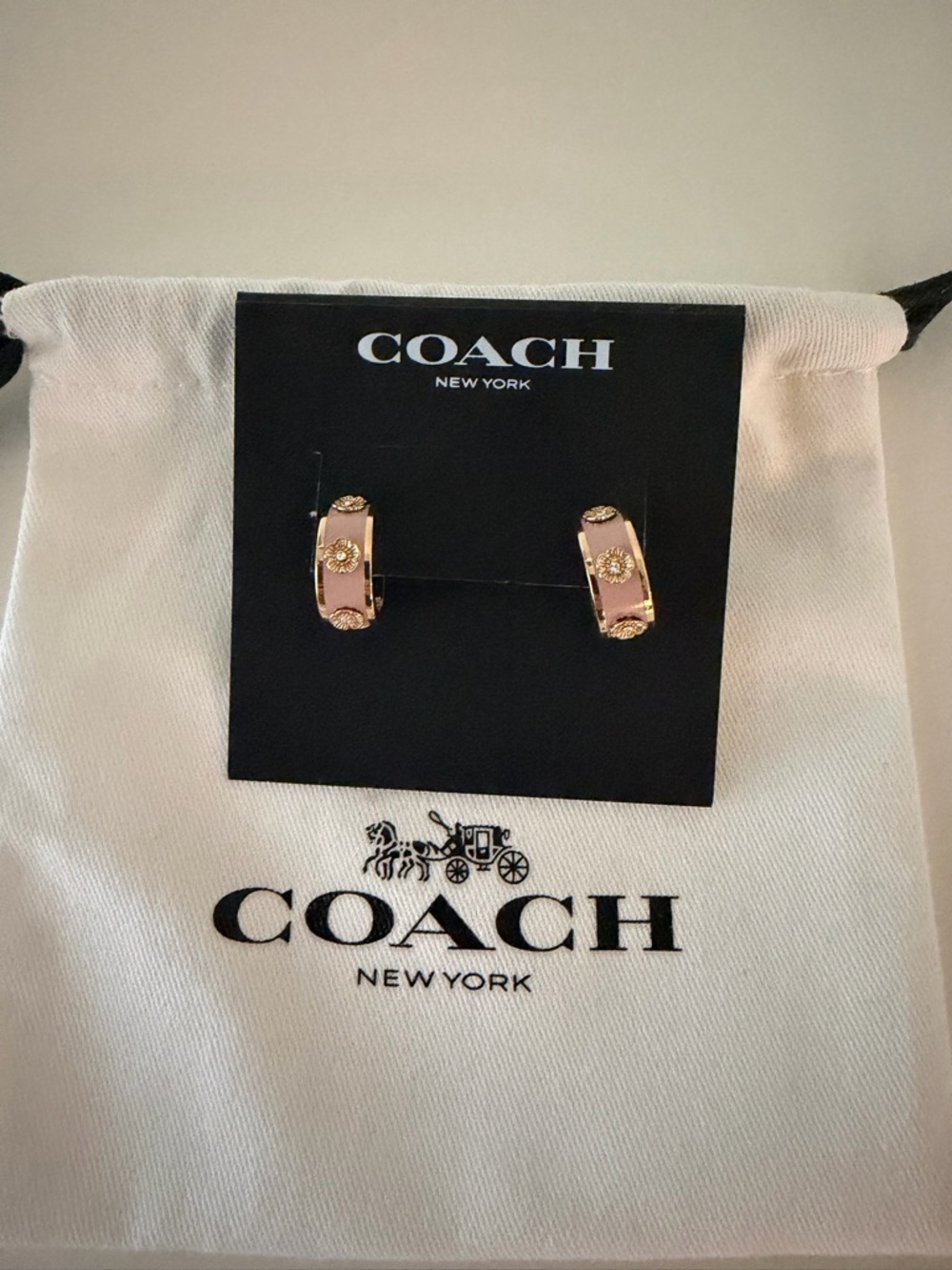 COACH Pink Enamel and Gold Floral Hoop Earrings